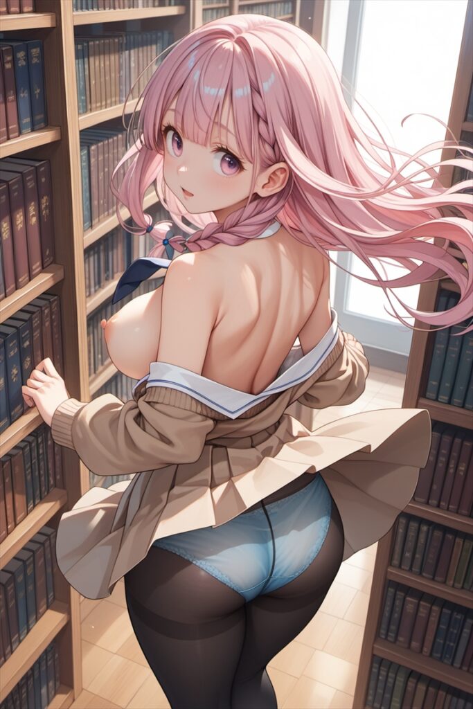 おっぱいとパンティを見せる図書館で本を探す黒ストッキングを履いた女の子1