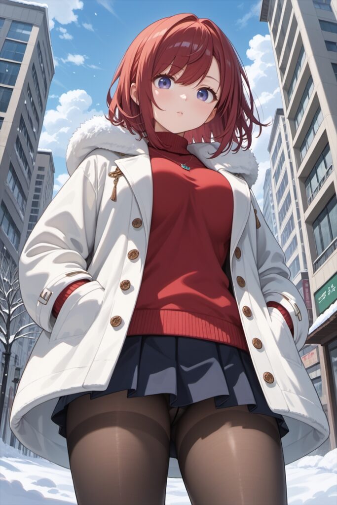 黒ストッキングで佇むコートの女の子1