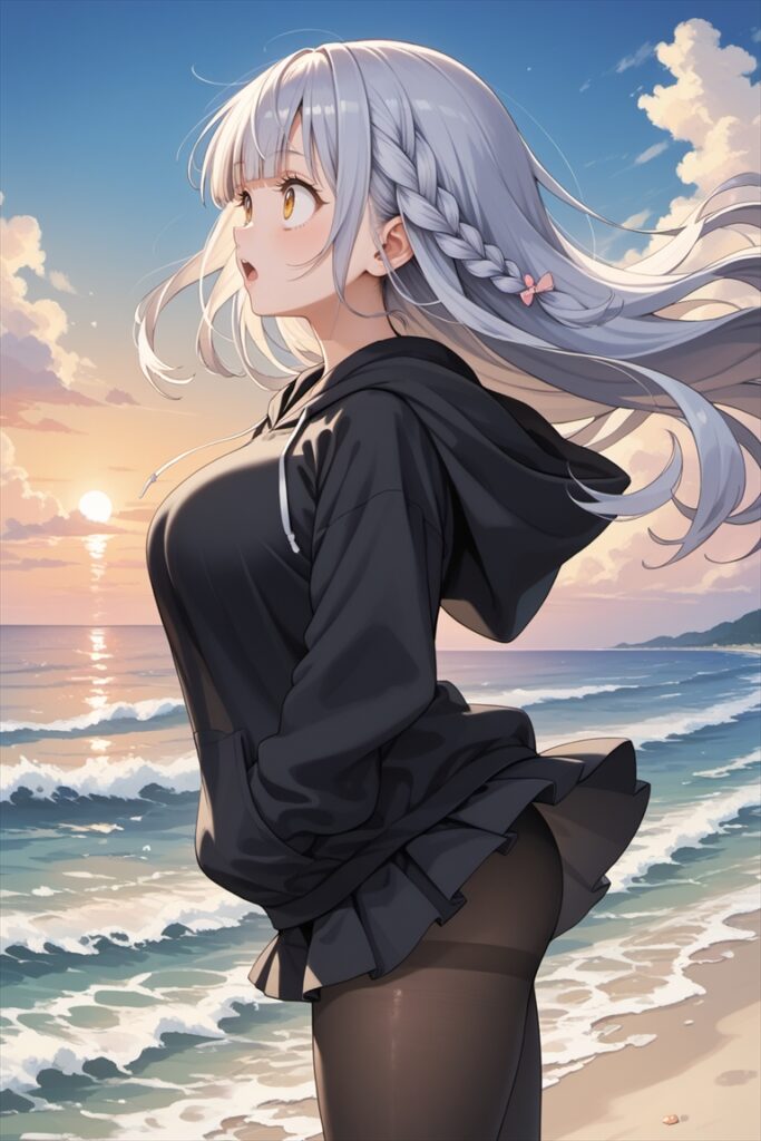 黒ストッキングで佇むオーバーサイズパーカーの女の子2