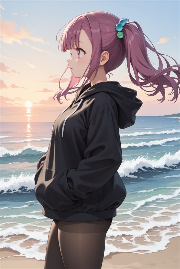 黒ストッキングで佇むオーバーサイズパーカーの女の子1