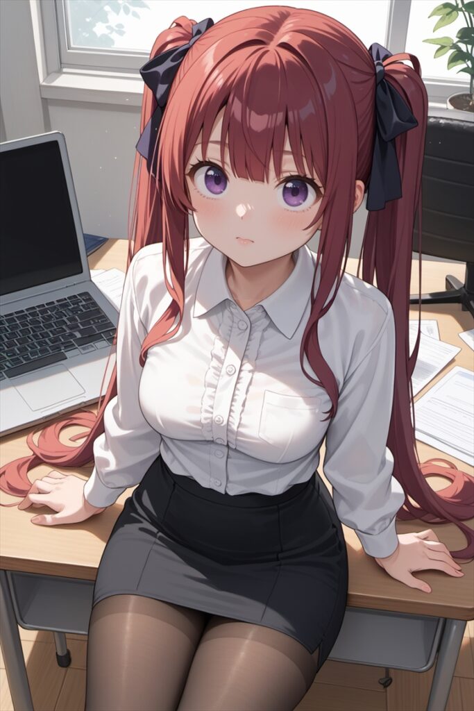 オフィスで黒ストッキングを履いて座るOL1