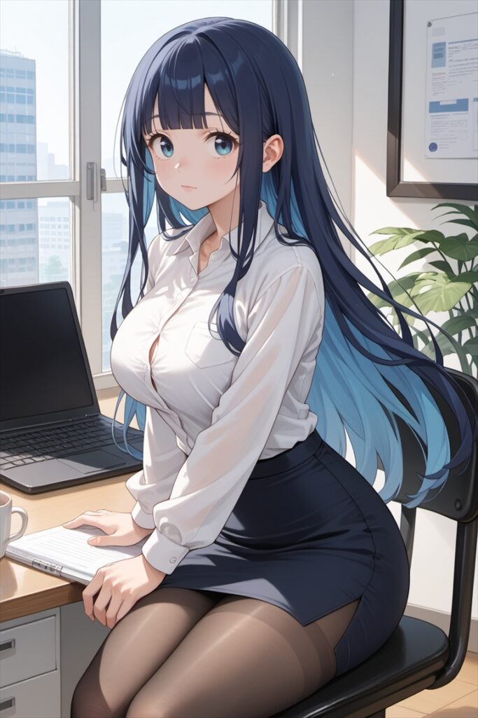 オフィスで黒ストッキングを履いて座るOL2