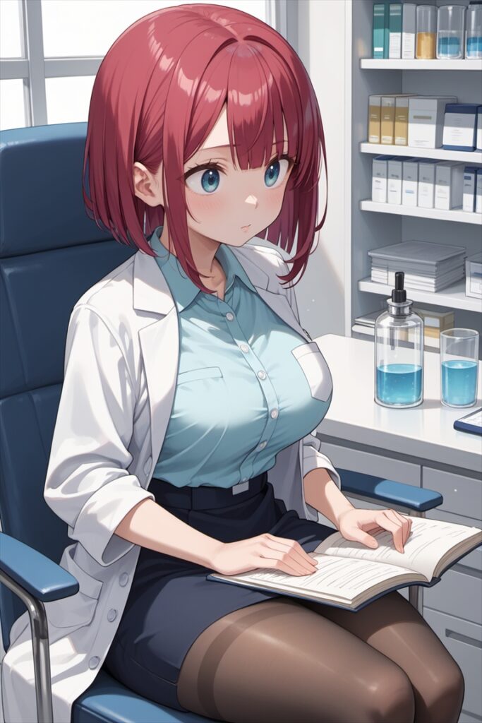 病院の診察室で黒ストッキングを履いて座る女医1