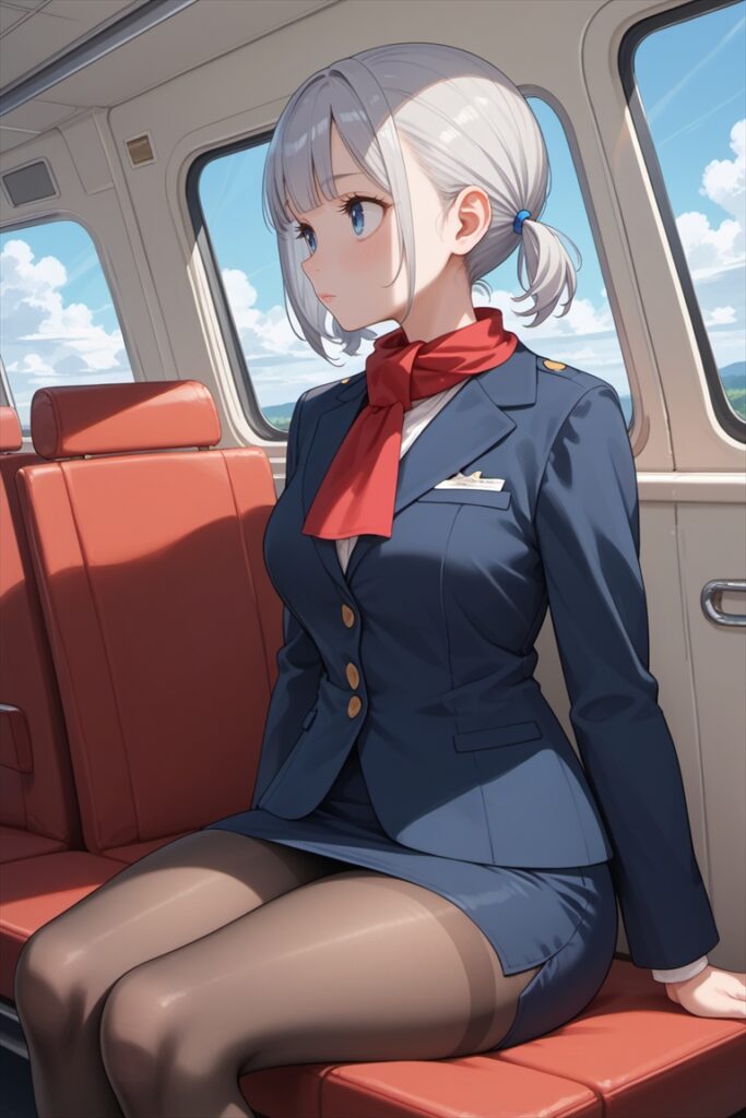 飛行機内で黒ストッキングを履いて座るキャビンアテンダント1