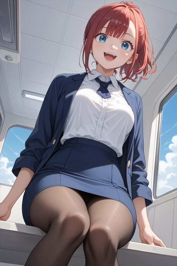 飛行機内で黒ストッキングを履いて座るキャビンアテンダント2