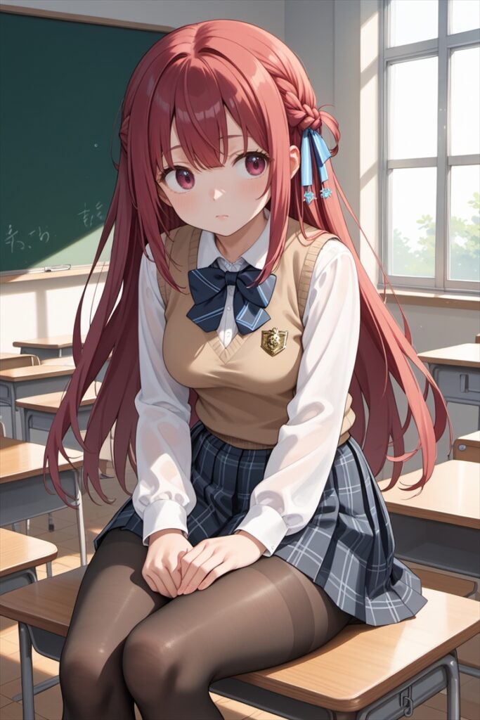 教室で黒ストッキングを履いて座るJK1