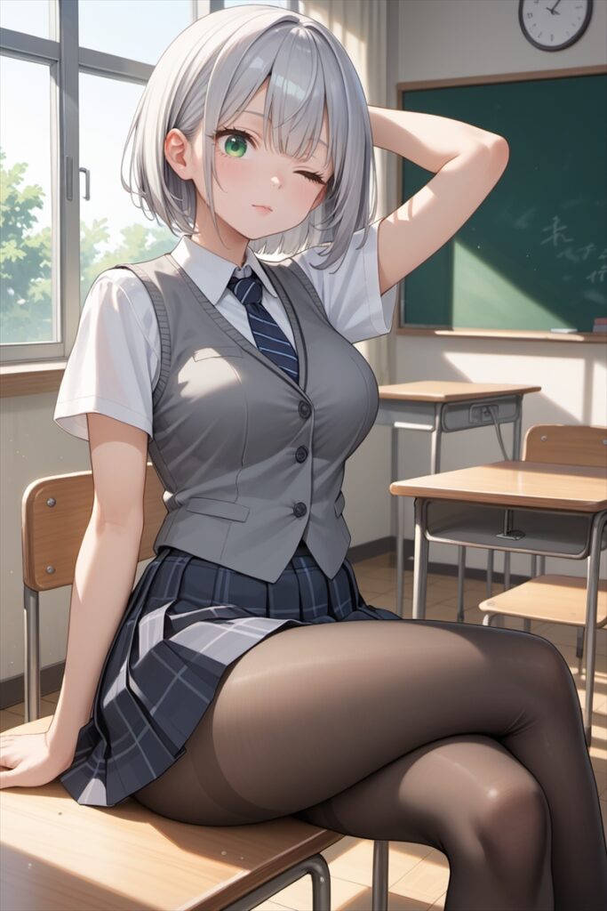 教室で黒ストッキングを履いて座るJK2