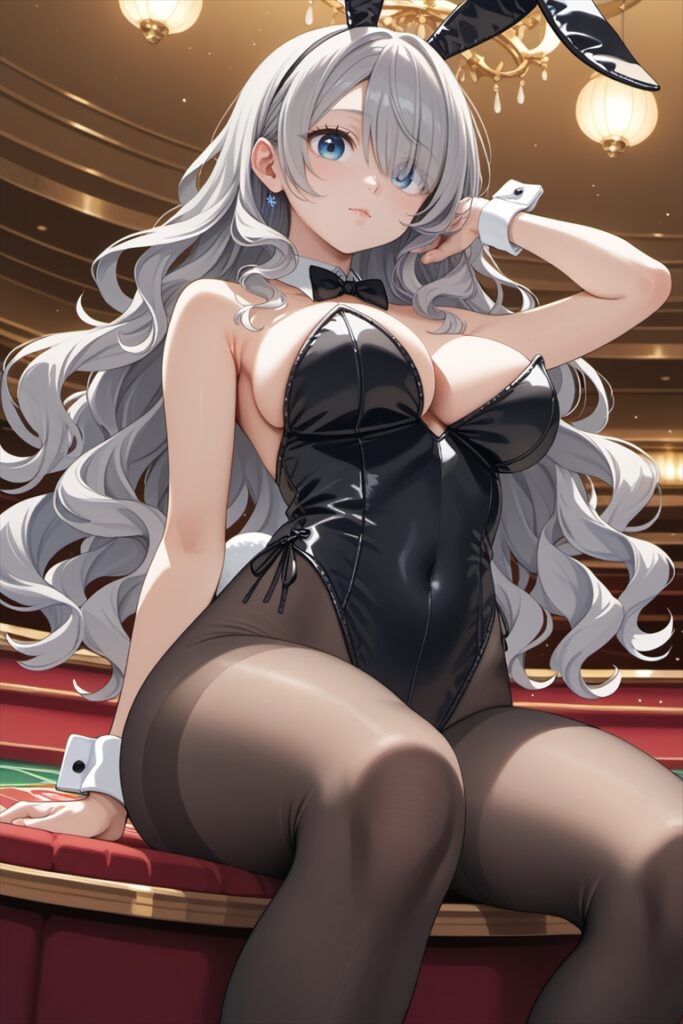 VIPルームで黒ストッキングを履いて座るバニーガール1