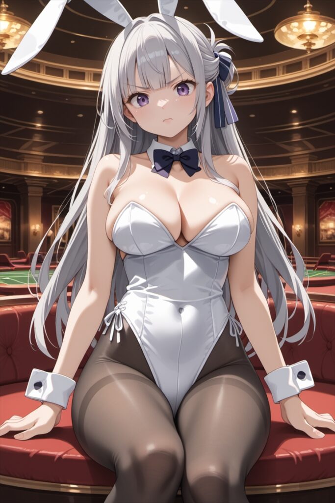 VIPルームで黒ストッキングを履いて座るバニーガール2