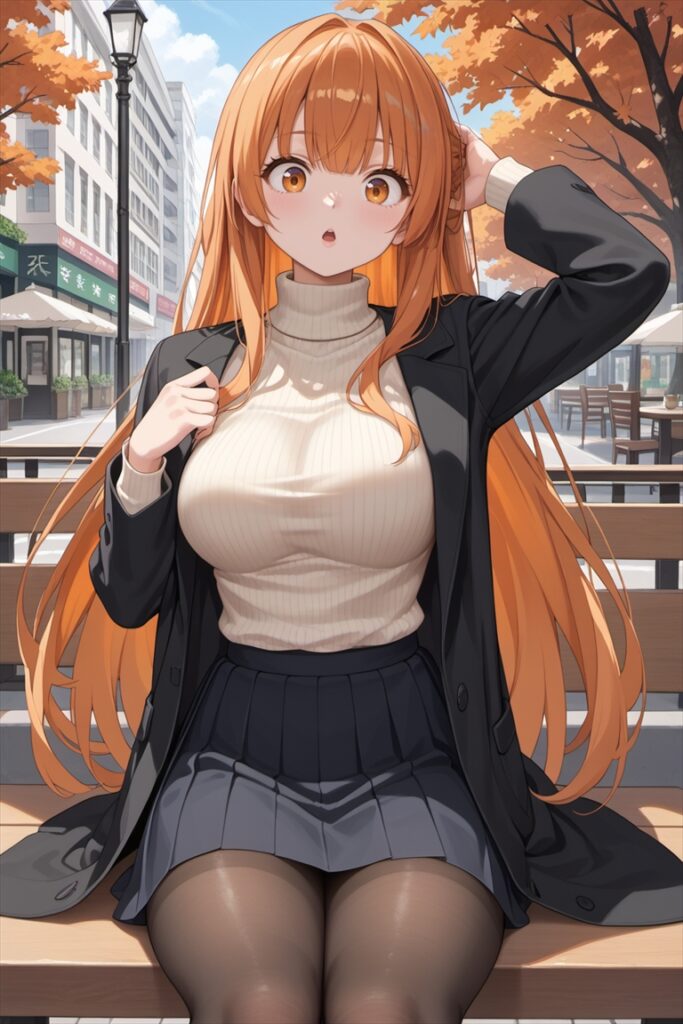 黒ストッキングを履いて座るトレンチコートの女の子1