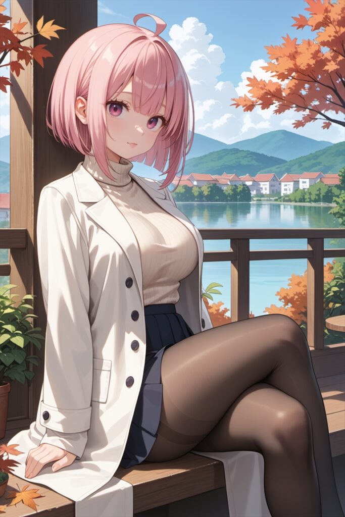 黒ストッキングを履いて座るトレンチコートの女の子2