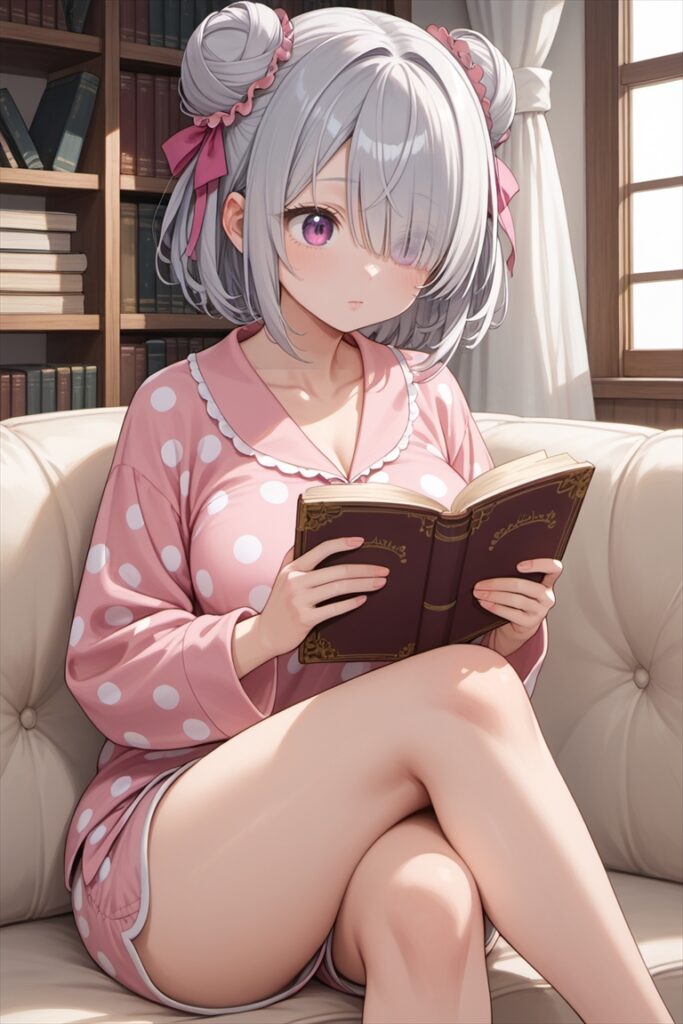 パジャマで読書中のむちむち太ももの女の子1