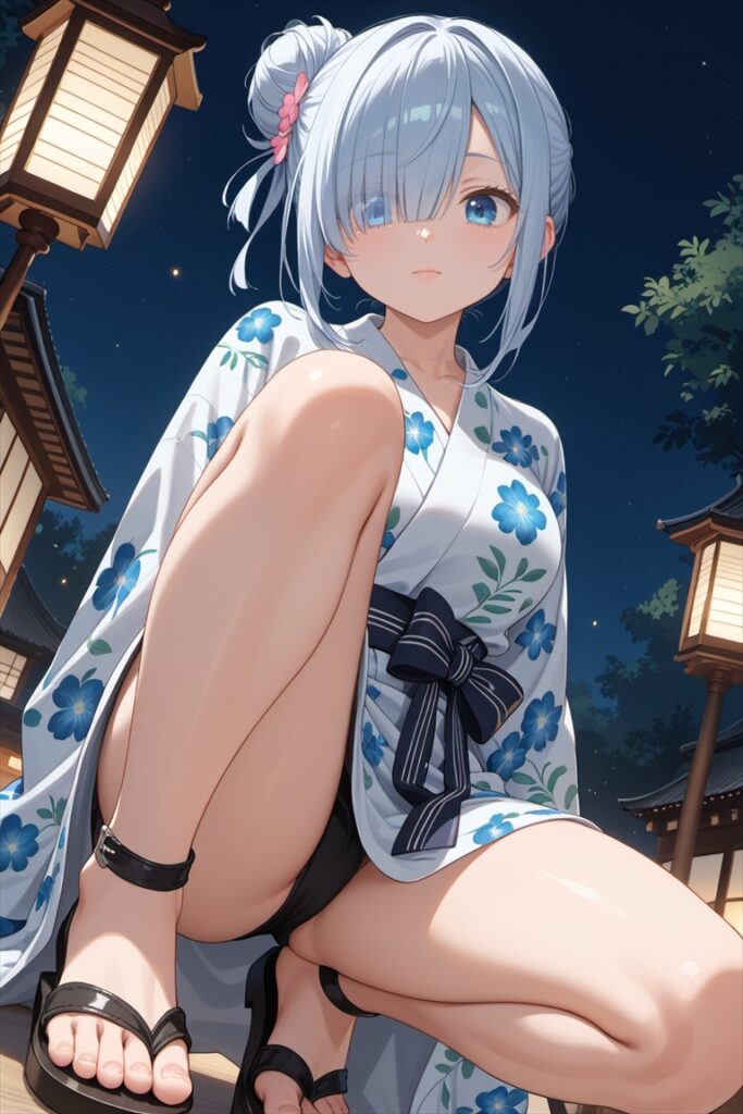 太ももを強調した浴衣姿の女の子