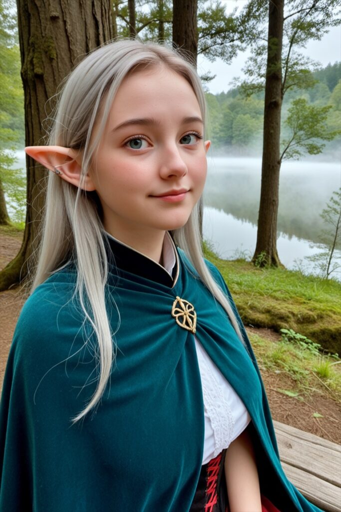 「湖に佇むエルフ」のAIエロ画像1