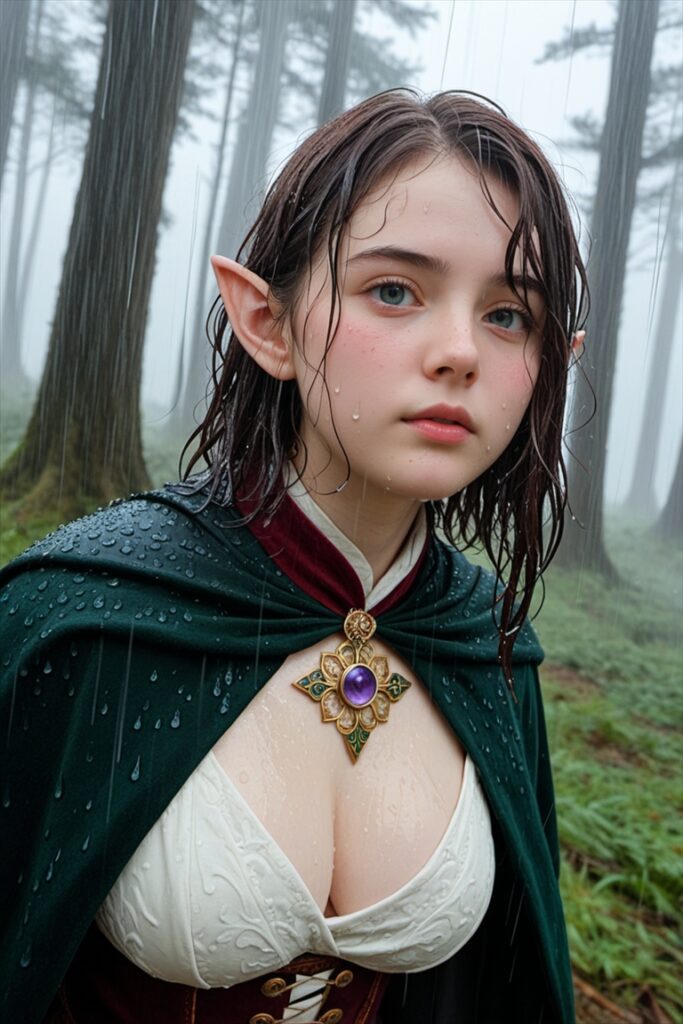 「森の中で雨に濡れるエルフ」のAIエロ画像1