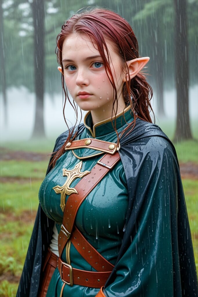 「森の中で雨に濡れるエルフ」のAIエロ画像2