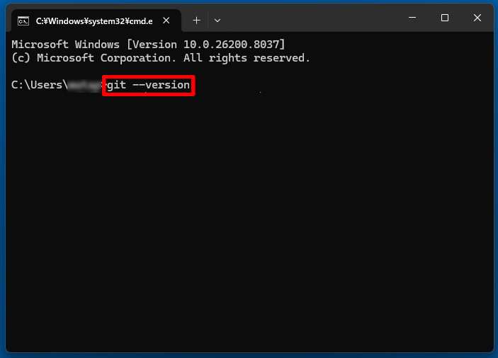 コマンドプロンプトが開いたら、git --version と入力してEnterを押します。