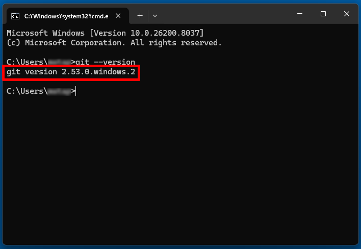 コマンドプロンプトでgit --versionを入力しGitのバージョンが表示されている画面
