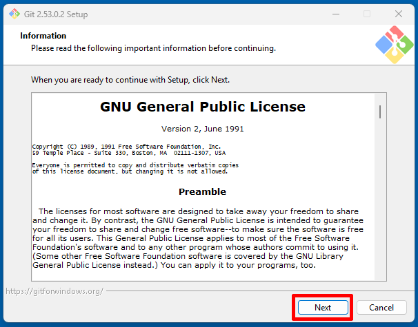 Git Setupのライセンス確認画面