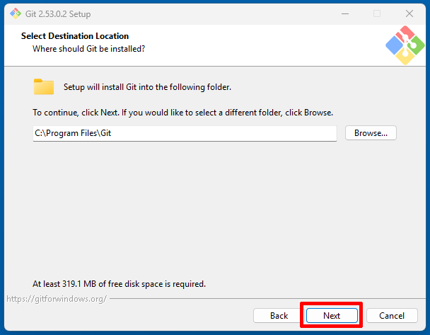 Gitのインストール先フォルダを選ぶ画面