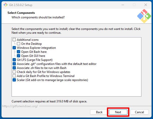 Git Setupのコンポーネント選択画面