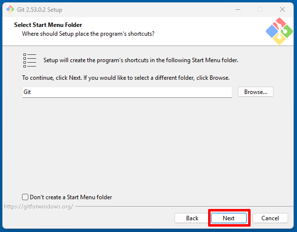 Gitのスタートメニューフォルダ設定画面