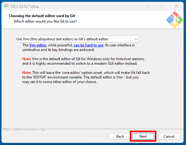 Git Setupでデフォルトエディタを選ぶ画面