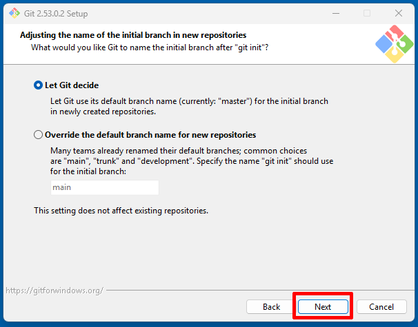 Git Setupで初期ブランチ名を設定する画面