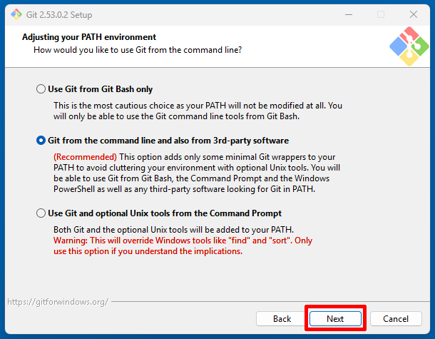 Git SetupでPATH環境を設定する画面