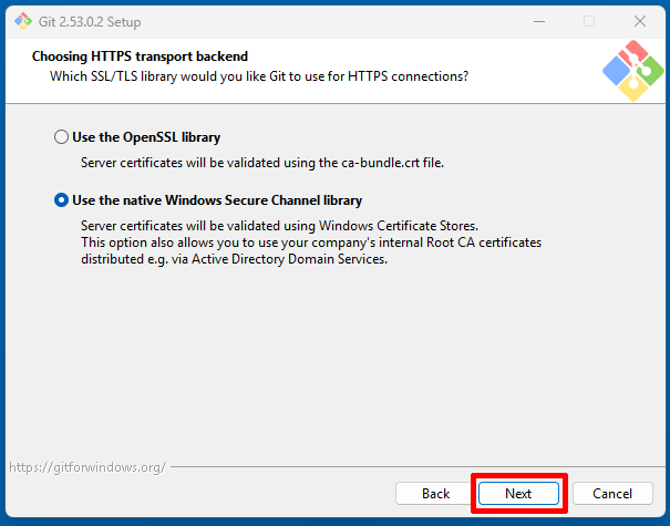 Git SetupでHTTPS transport backendを選ぶ画面