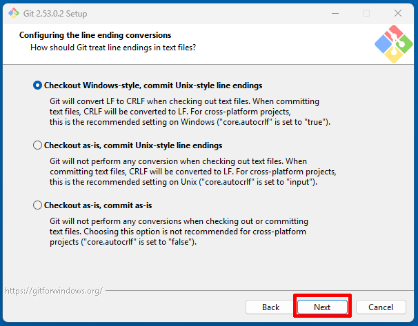 Git Setupで改行コードの扱いを設定する画面