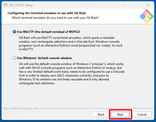 Git SetupでGit Bash用のターミナルエミュレータを選ぶ画面