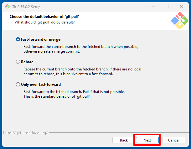 Git Setupでgit pullのデフォルト動作を選ぶ画面