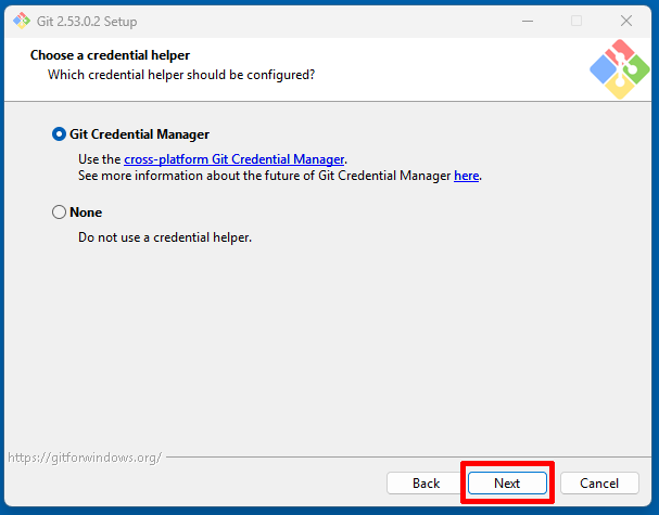 Git Setupでcredential helperを選ぶ画面