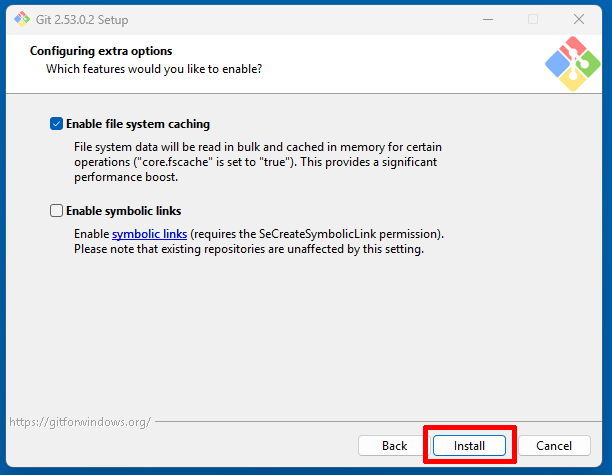 Git Setupの追加オプション画面でInstallボタンを押す前の状態