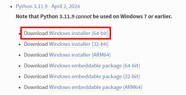 Python 3.11.9のWindows installer 64-bitを選ぶ画面