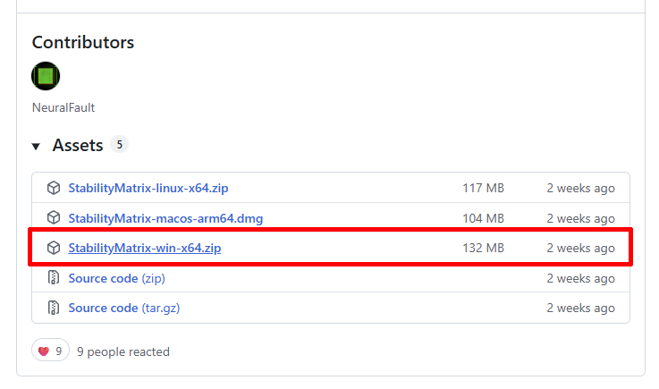 Stability MatrixのWindows版zipファイルをダウンロードする画面