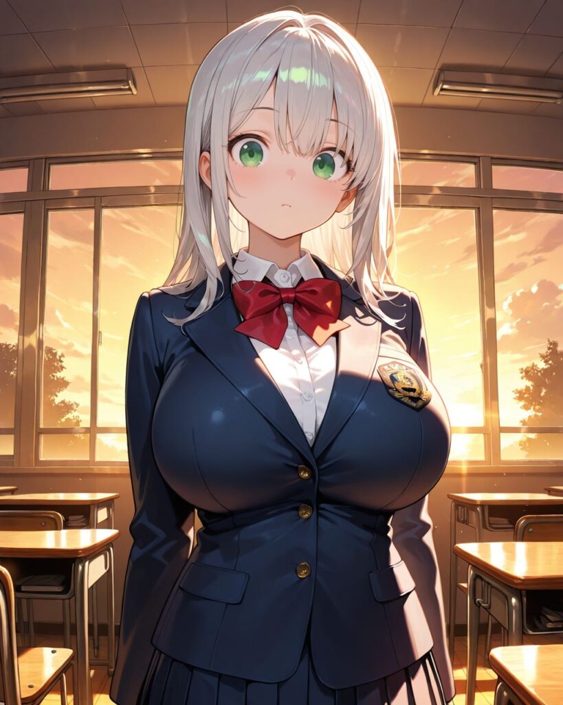 夕暮れの教室で振り返り微笑む、制服姿の清楚な美少女わかばのAIイラスト