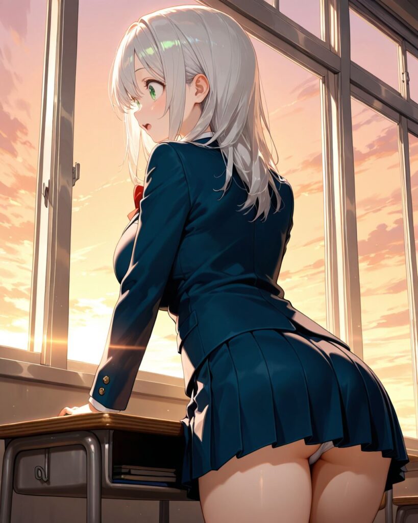 教室の窓辺で夕日を見つめる、後ろ姿の清楚な美少女わかばのAIイラスト