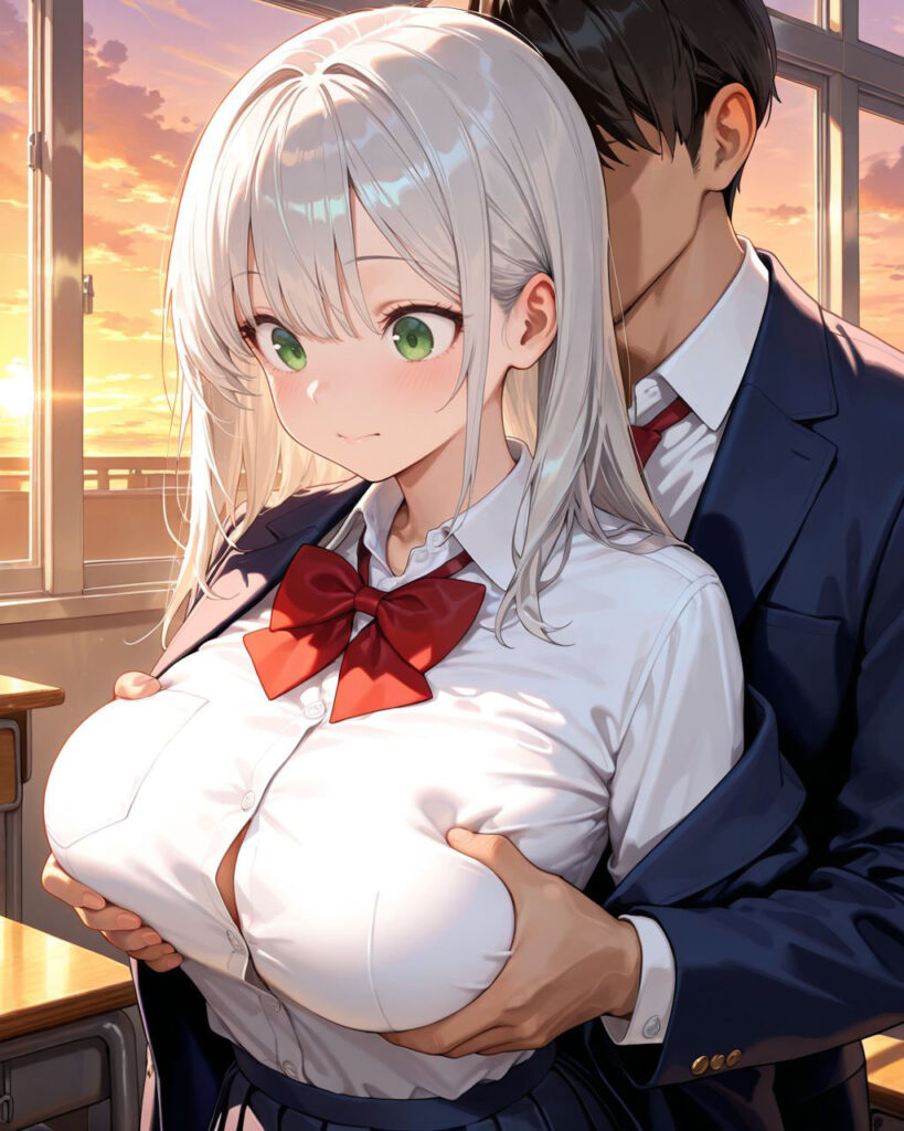 ブレザーをはだけられシャツ越しに胸を揉まれ赤面する、清楚系美少女わかばのAIイラスト