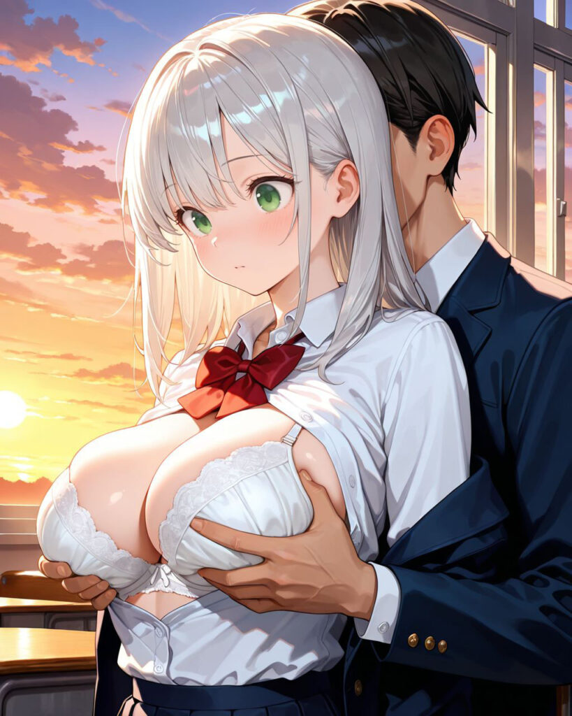 シャツを開け白いブラを見せながら胸を揉まれる、隠れ巨乳の美少女わかばのAIイラスト