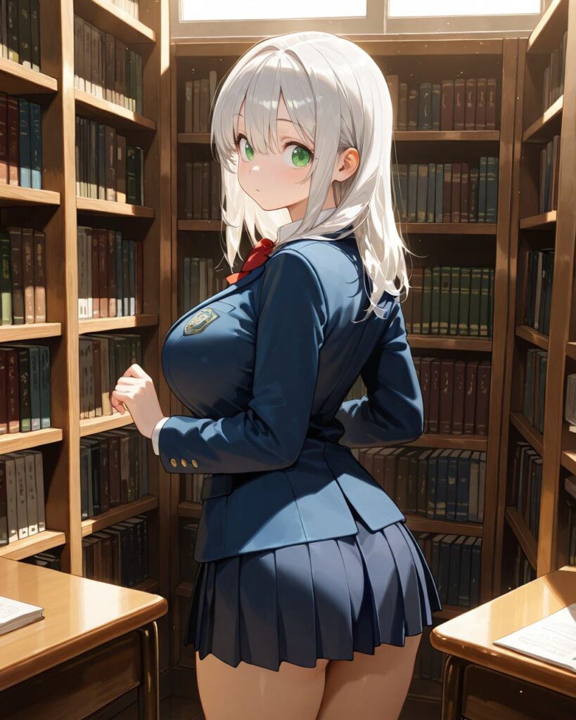 放課後の図書館の本棚の前で後ろを振り返り、少し照れた表情の清楚な美少女[わかば]のAIイラスト