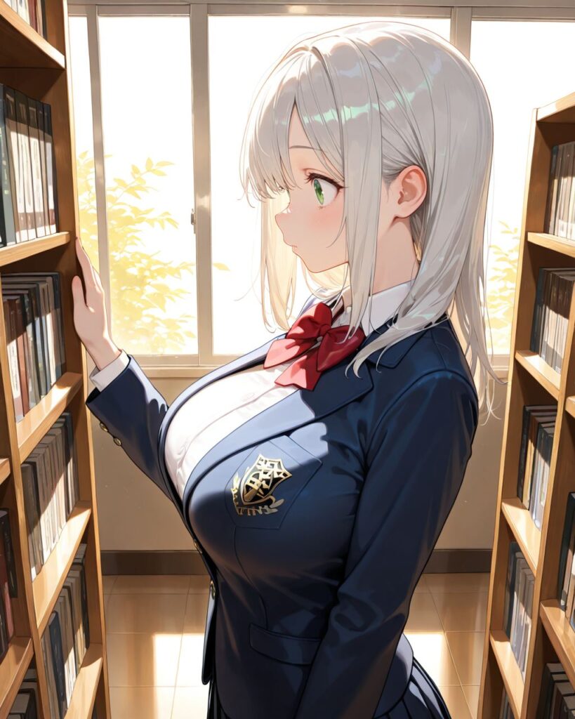 図書館の古い本棚に並ぶ本を真剣な表情で探している、清楚な美少女[わかば]のAIイラスト