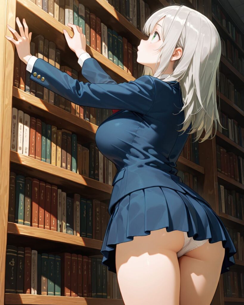 図書館で高い棚にある本を見つけ、少し上を見上げる清楚な美少女[わかば]のAIイラスト