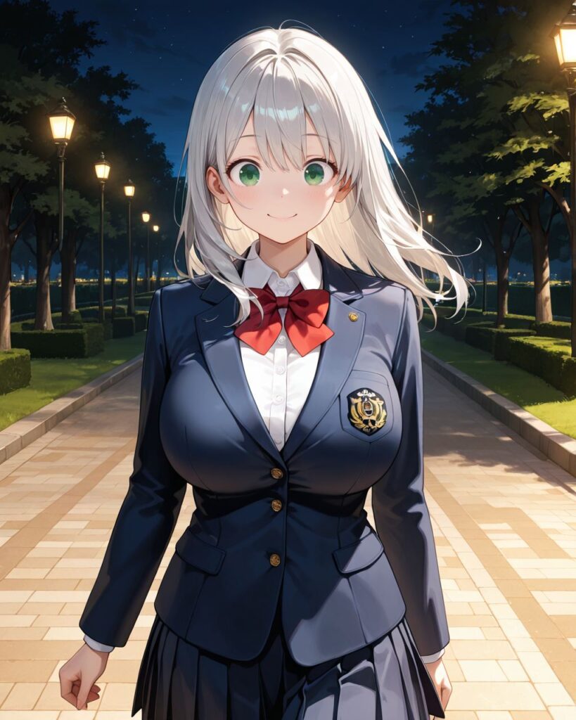 夜の公園の道で笑顔を浮かべる清楚なわかば AIイラスト