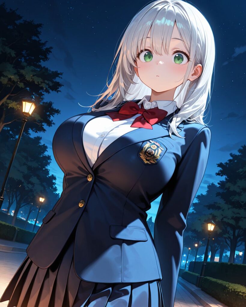 夜の公園ベンチを提案されて微笑む清楚なわかば AIイラスト
