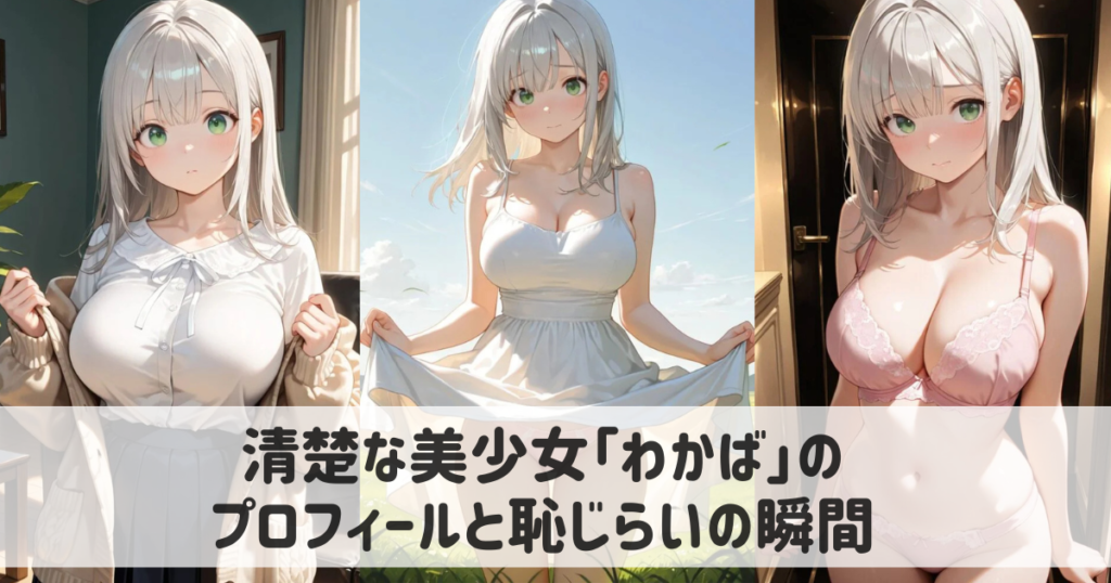 【AIイラスト】清楚な美少女「わかば」のプロフィールと恥じらいの瞬間