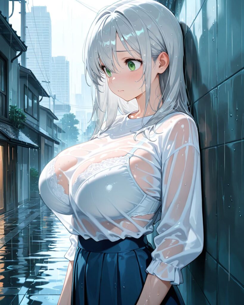 雨で濡れた白ブラウス姿のわかば、下着が透ける清楚美少女AIイラスト