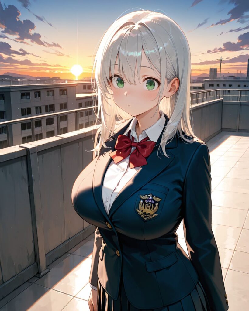 放課後の屋上で不思議そうな表情を浮かべる清楚な美少女[わかば]のAIイラスト