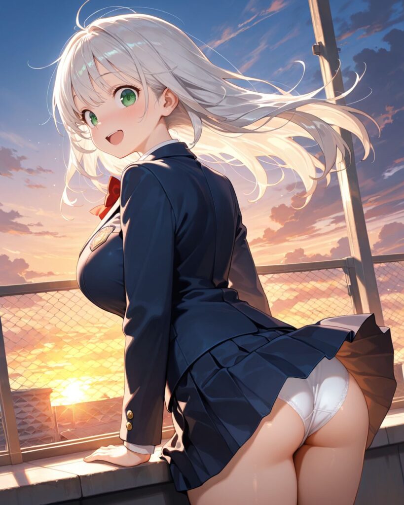 屋上からの景色に喜び、無防備に下着が見えている美少女[わかば]のAIイラスト